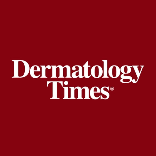 Dermatology Times logo white letters on red background